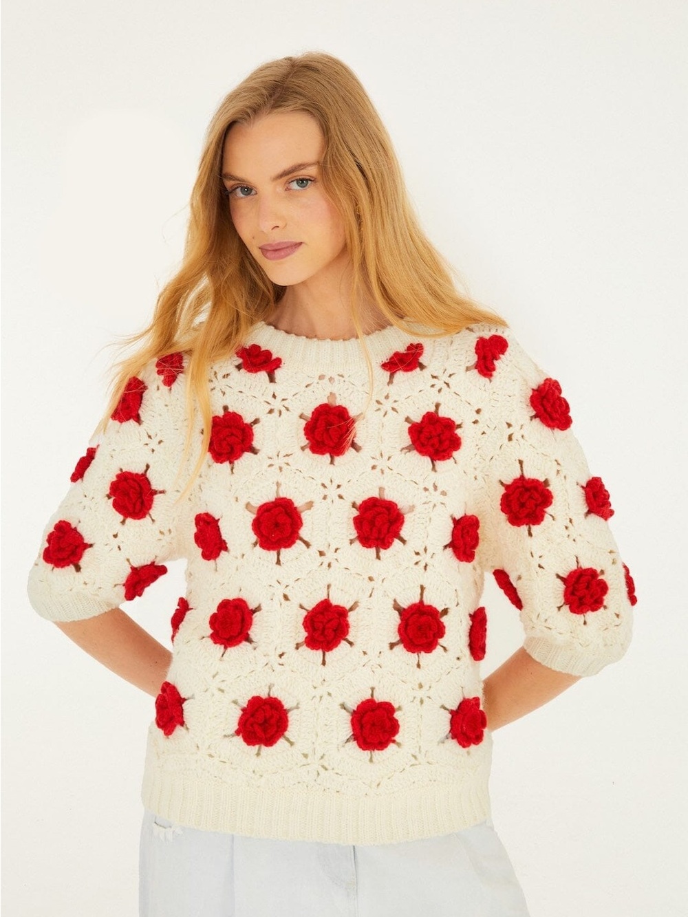 FARM Rio Cream Crochet Sweater with Red 3D Floral Appliqués